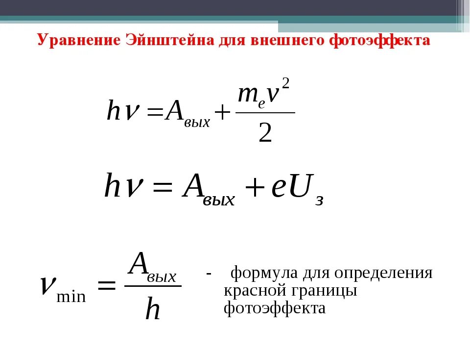 Формула для нахождения фотоэффекта. Уравнение Эйнштейна для внешнего фотоэлектрического эффекта. Формула для возникновения фотоэффекта. Уравнение Эйнштейна для внешнего фотоэффекта формула. Понятие работы выхода