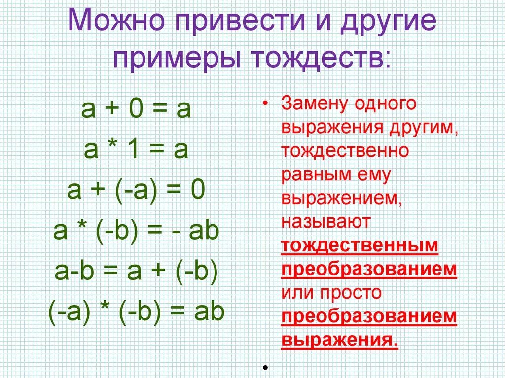 Докажите что выражение тождественно равно. Выражения тождества. Тождества тождественные преобразования выражений. Тождественные преобразования выражений примеры. Тождество примеры решения.