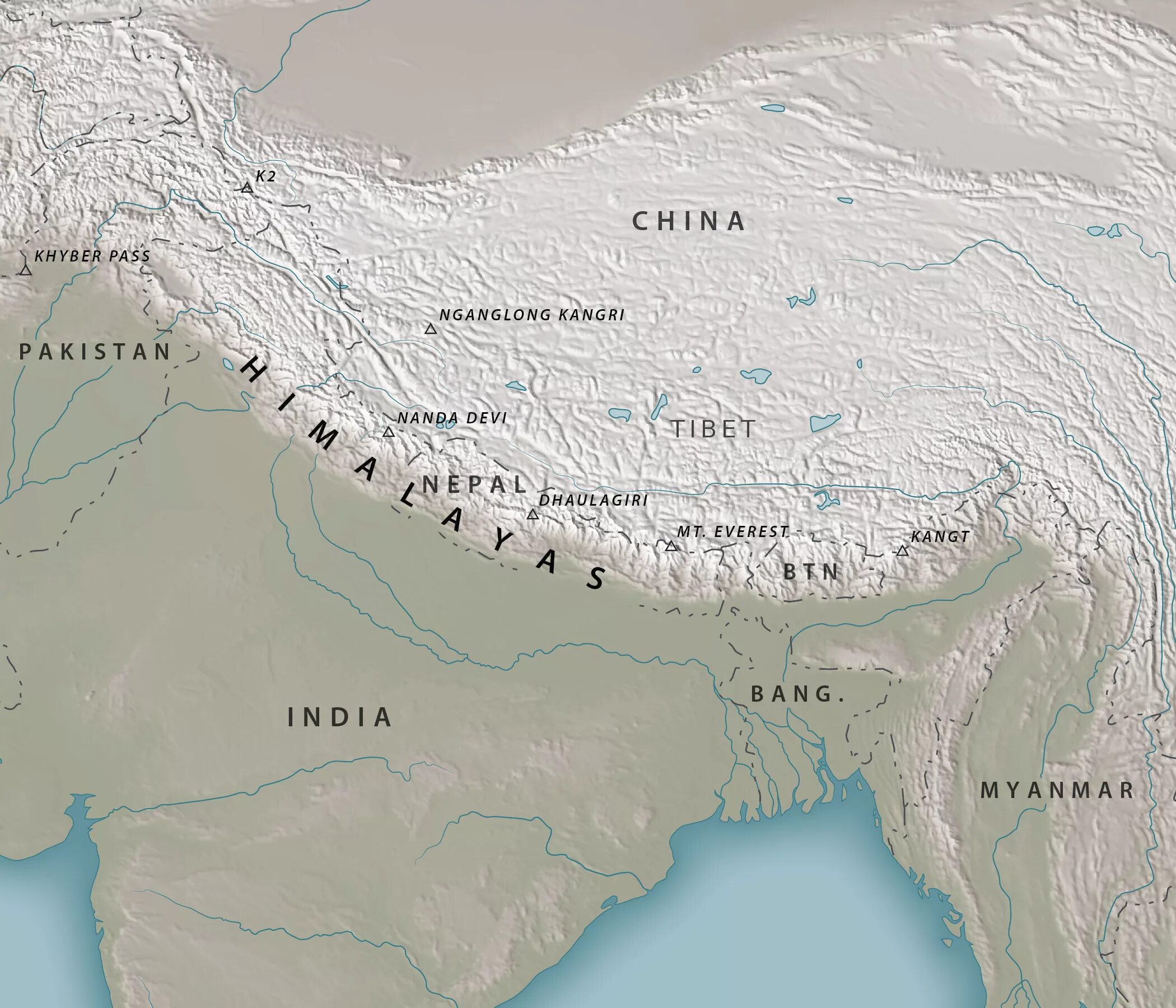 Карта вершин гималаев. Горы Гималаи на карте. Расположение гор Гималаи. Гора Эверест на карте.
