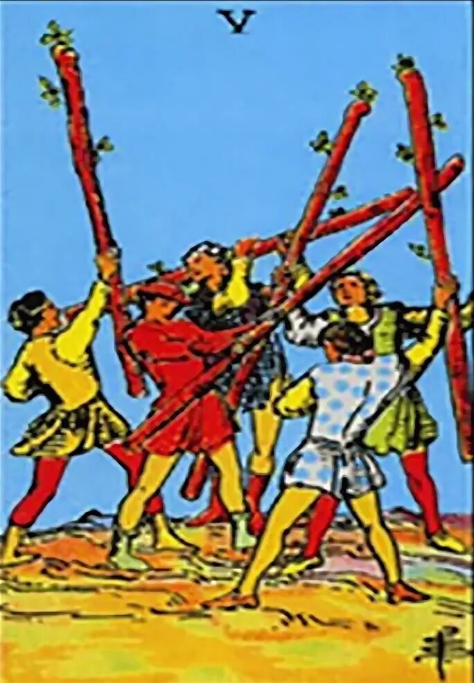 Пятерка мечей и пятерка жезлов. 5 жезлов таро уэйта. пятерка жезлов таро уэйта. пятерка посохов таро уэйта. таро райдера уэйта 5 жезлов.