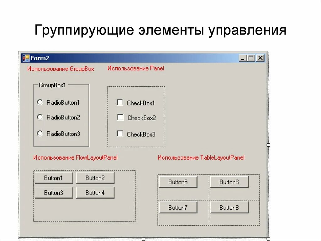 Элементы управления формы. Группирующие элементы управления. Основные классы и их свойства. События элементов управления. 2 Элемента управления.