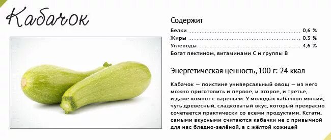 Кабачок калории на 100. Кабачок пищевая ценность в 100 гр. кабачки состав витаминов и микроэлементов. состав кабачка на 100 грамм. что содержит кабачок и чем полезен.