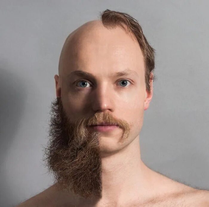 Бритый мужчина. Половина бороды сбрита. Выбритая борода. Бритый с бородой. Наполовину бритая голова.