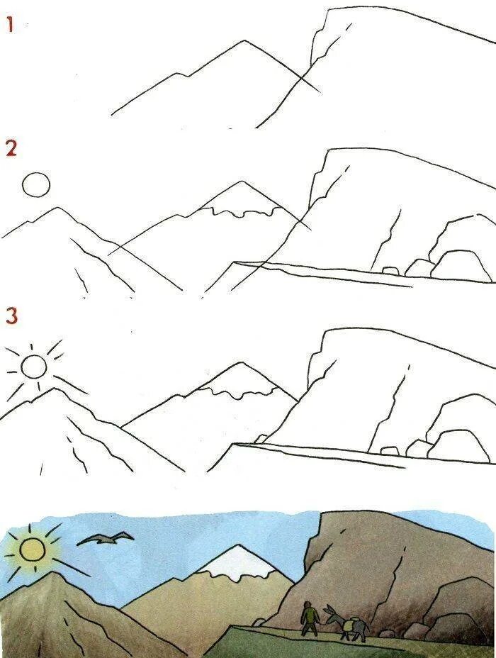 Пересказ легкие горы. Рисунок гор для детей. Горы пошаговое рисование. Рисунки гор легкие. Пейзаж легко.