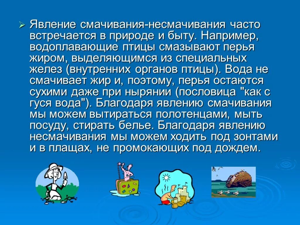 Встречается чаще и связано с. Явление смачивания в природе и быту. Эффект смачивания и несмачивания. Смачивания и несмачивания в природе. Роль смачивания в природе.