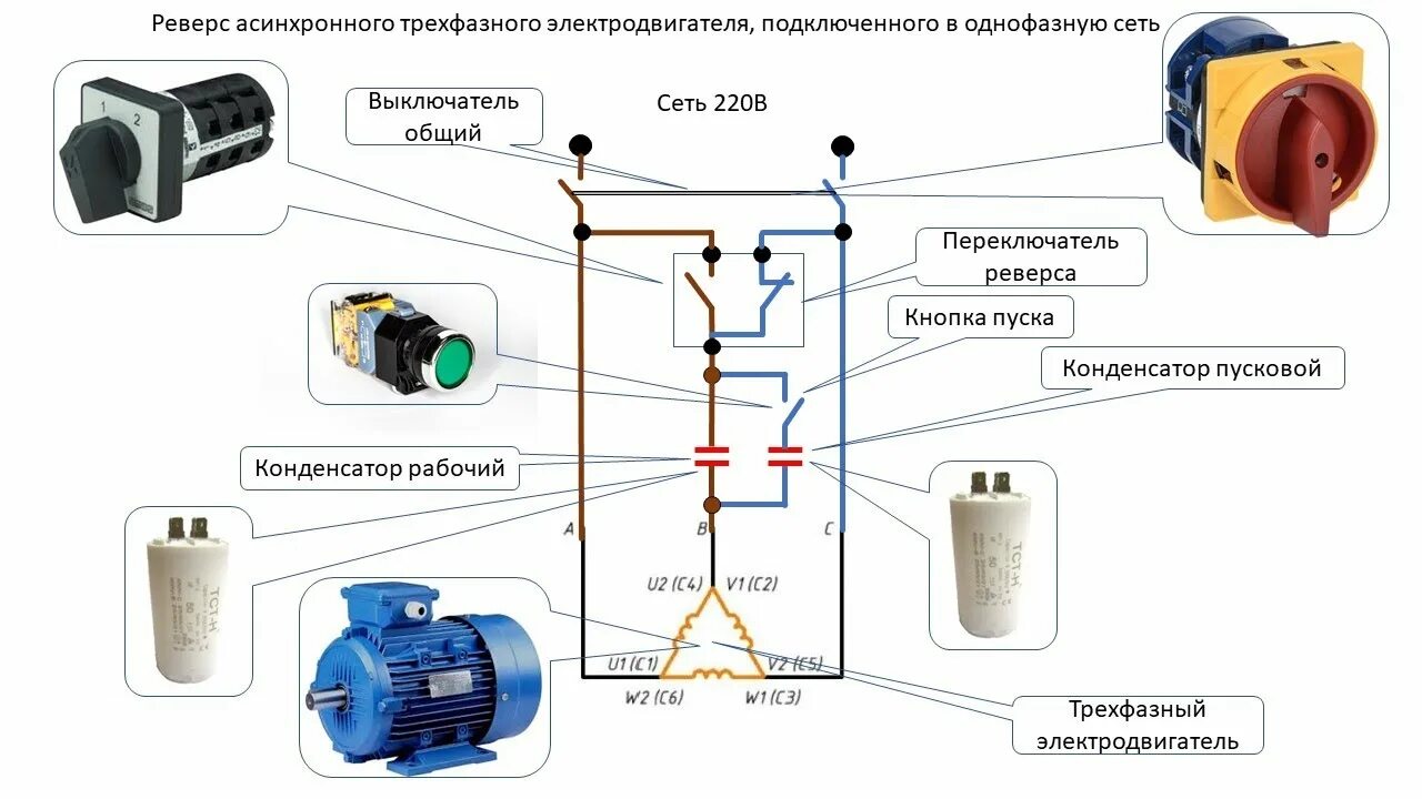 Как подключить двигатель 380 через 220. Схема подключения электродвигателя через конденсатор с реверсом. Схемы подключения трехфазных электродвигателей в сеть 220. Схема подключения трехфазного двигателя через конденсатор. Схема подключения трехфазного двигателя через пусковую кнопку.