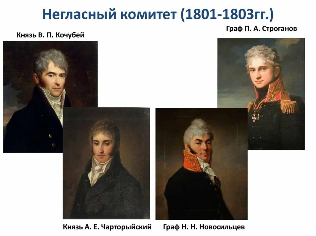 Правление негласного комитета. Новосильцев Строганов Чарторыйский. Негласный комитет 1801-1803. Строганов Новосильцев Кочубей негласный комитет.