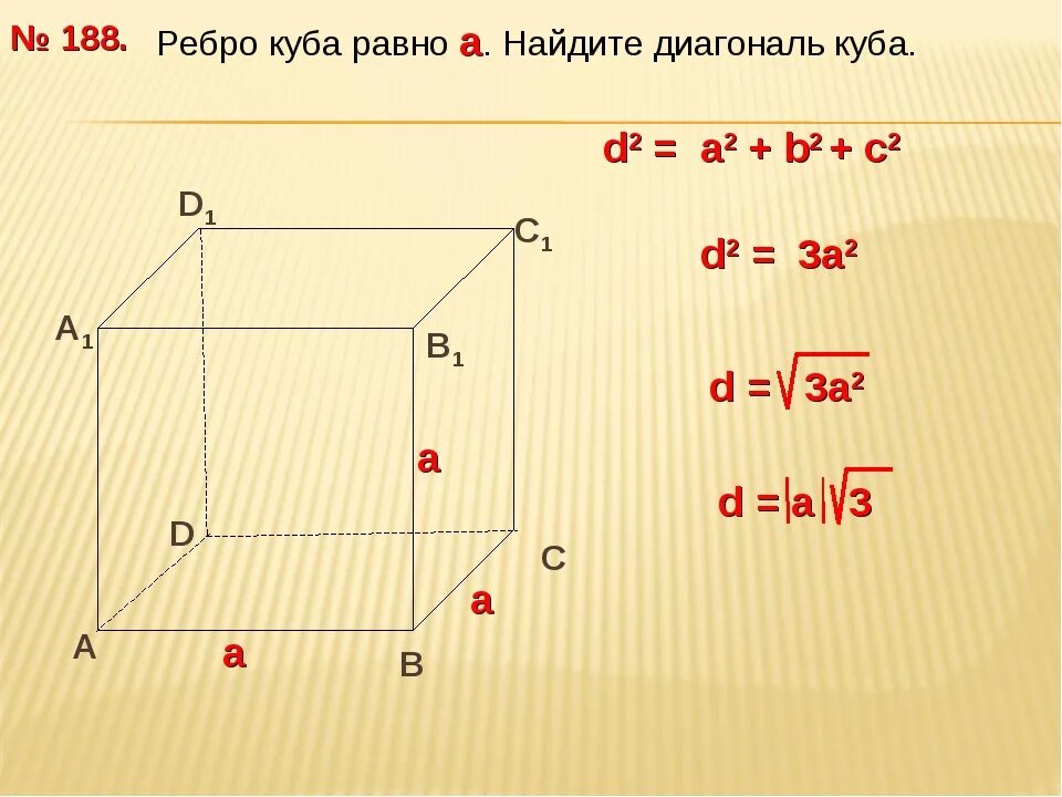 Диагональ куба с ребром а