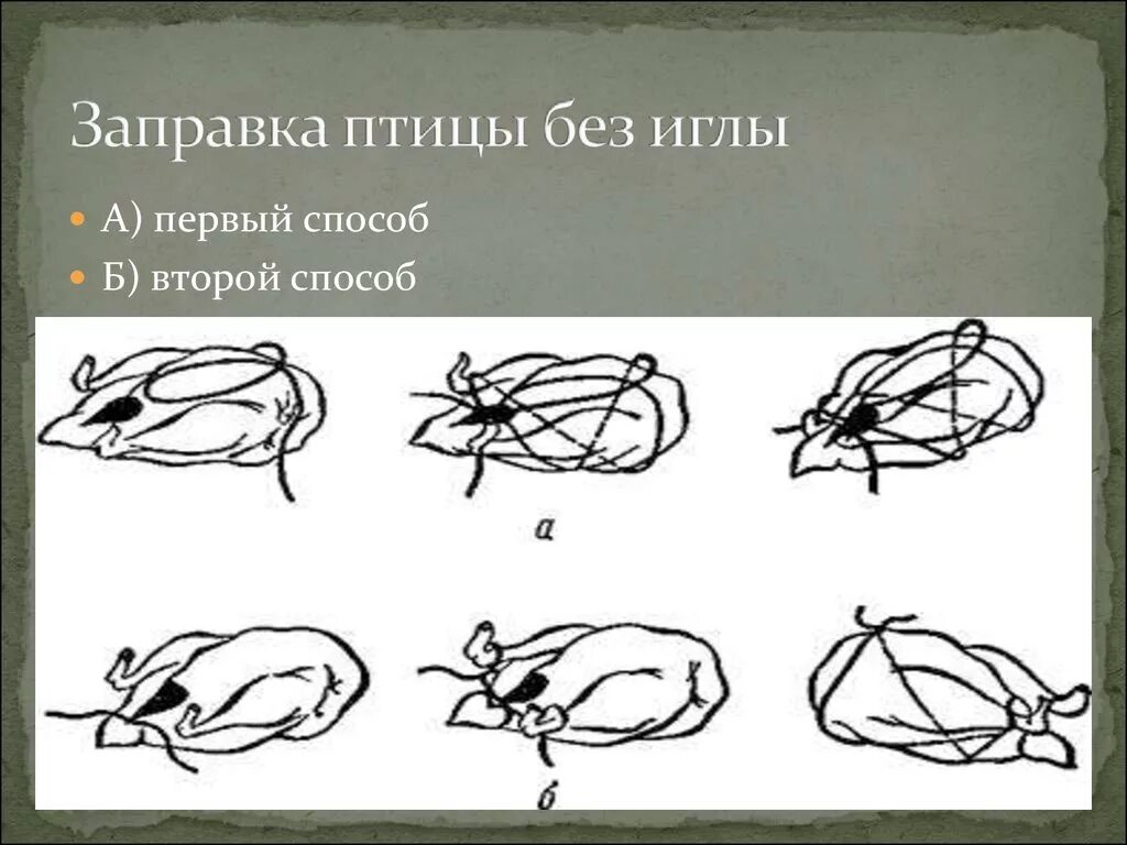 Перечислите способы заправки птицы. Заправка птицы без иглы а первый способ б второй способ. способы заправки птицы и дичи. способы заправки птицы в кармашек.