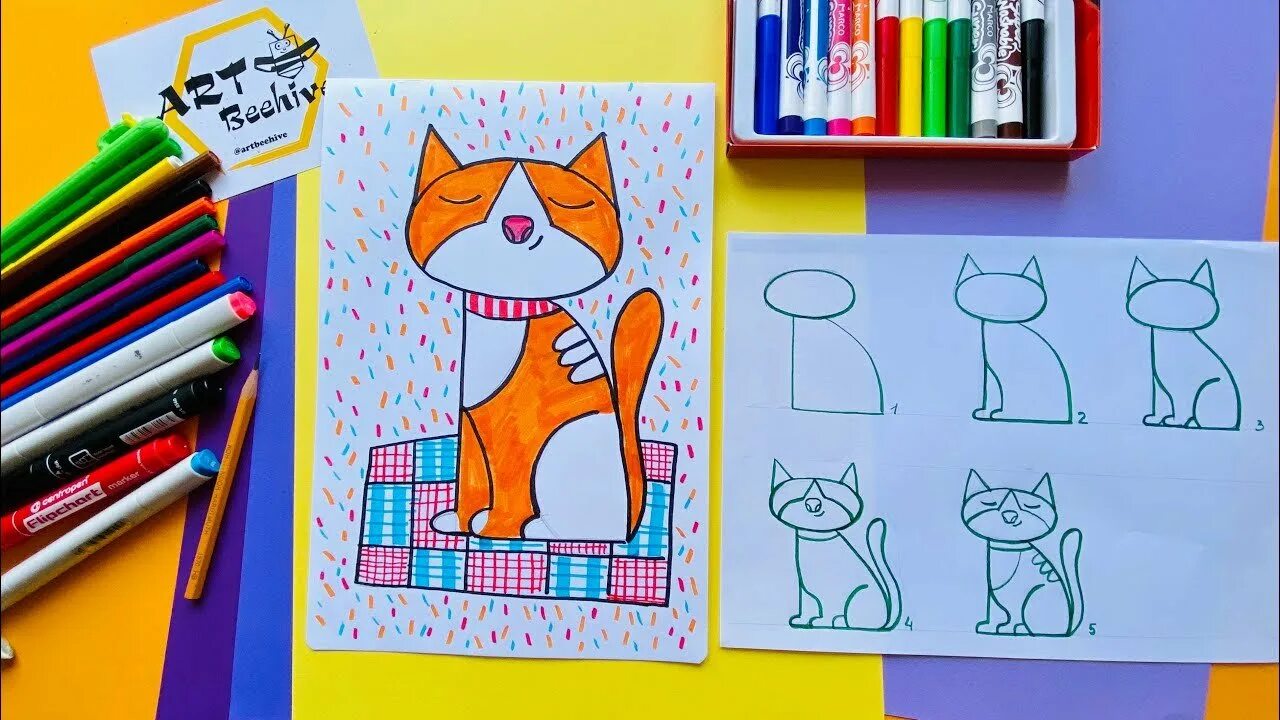 Как нарисовать кота фломастерами