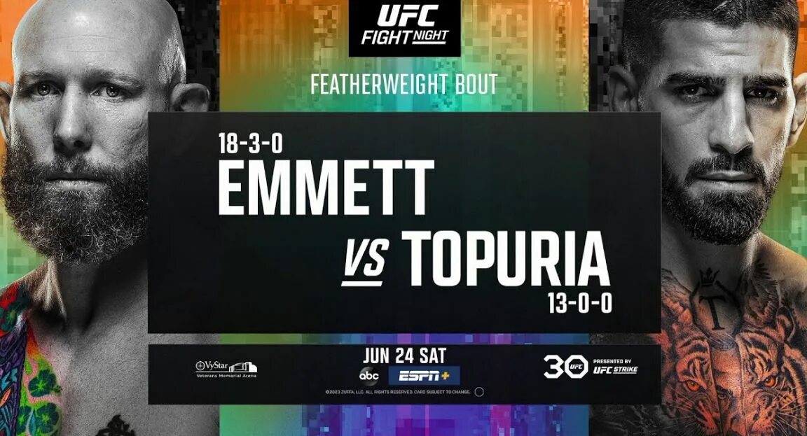 Раджабов ufc прямой эфир. UFC 2023. UFC Fight Night Эмметт vs Топурия. Юфс кард 2023. UFC 24 июня 2023.