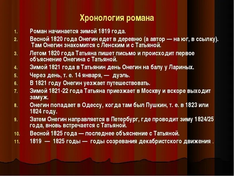 Сколько лет было онегину в конце. Хронология событий в Евгении Онегине.