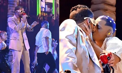 Artist of the Year winner Bad Bunny shook fans after kissing a man during h...