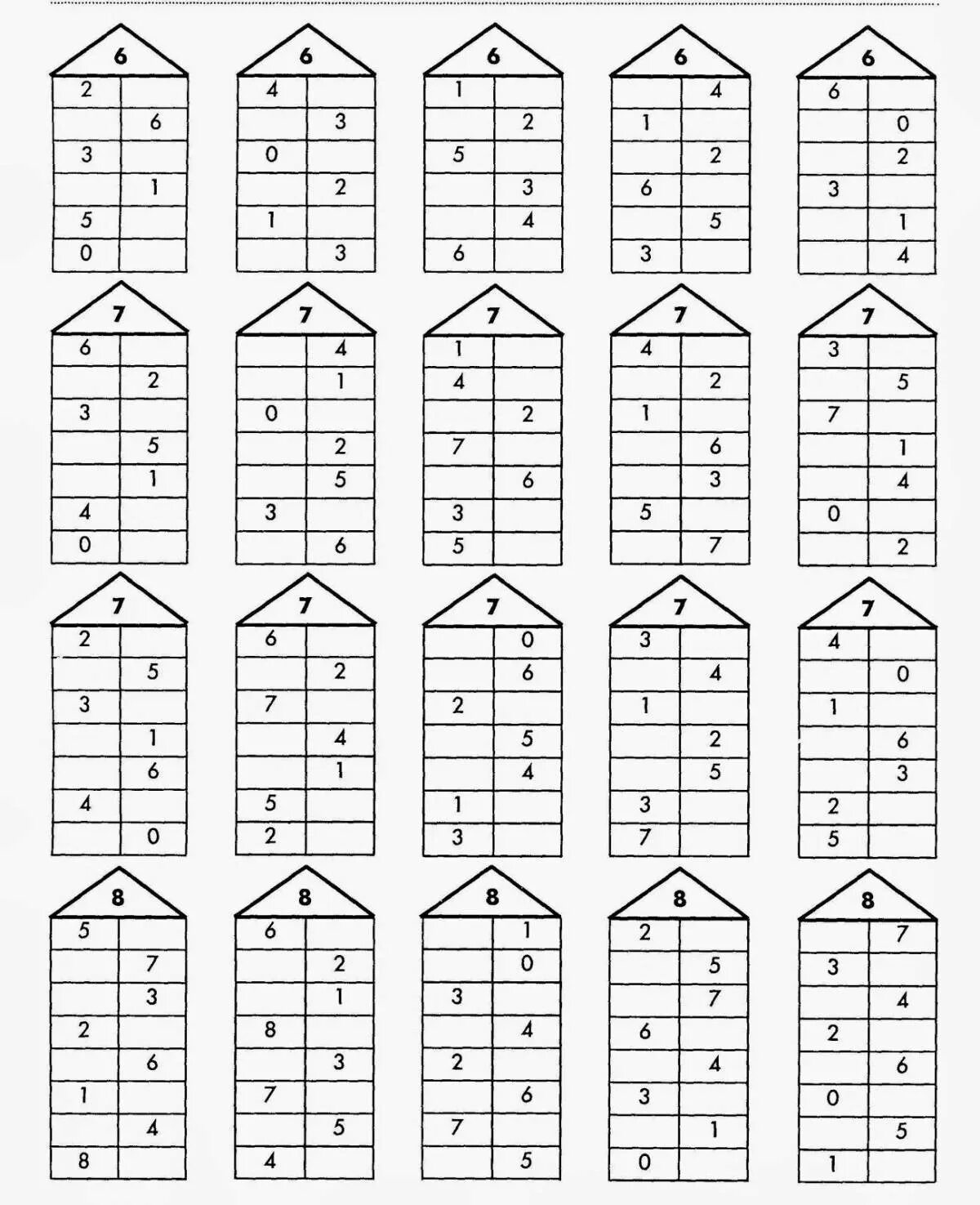 Таблица состава числа до 10 распечатать домики