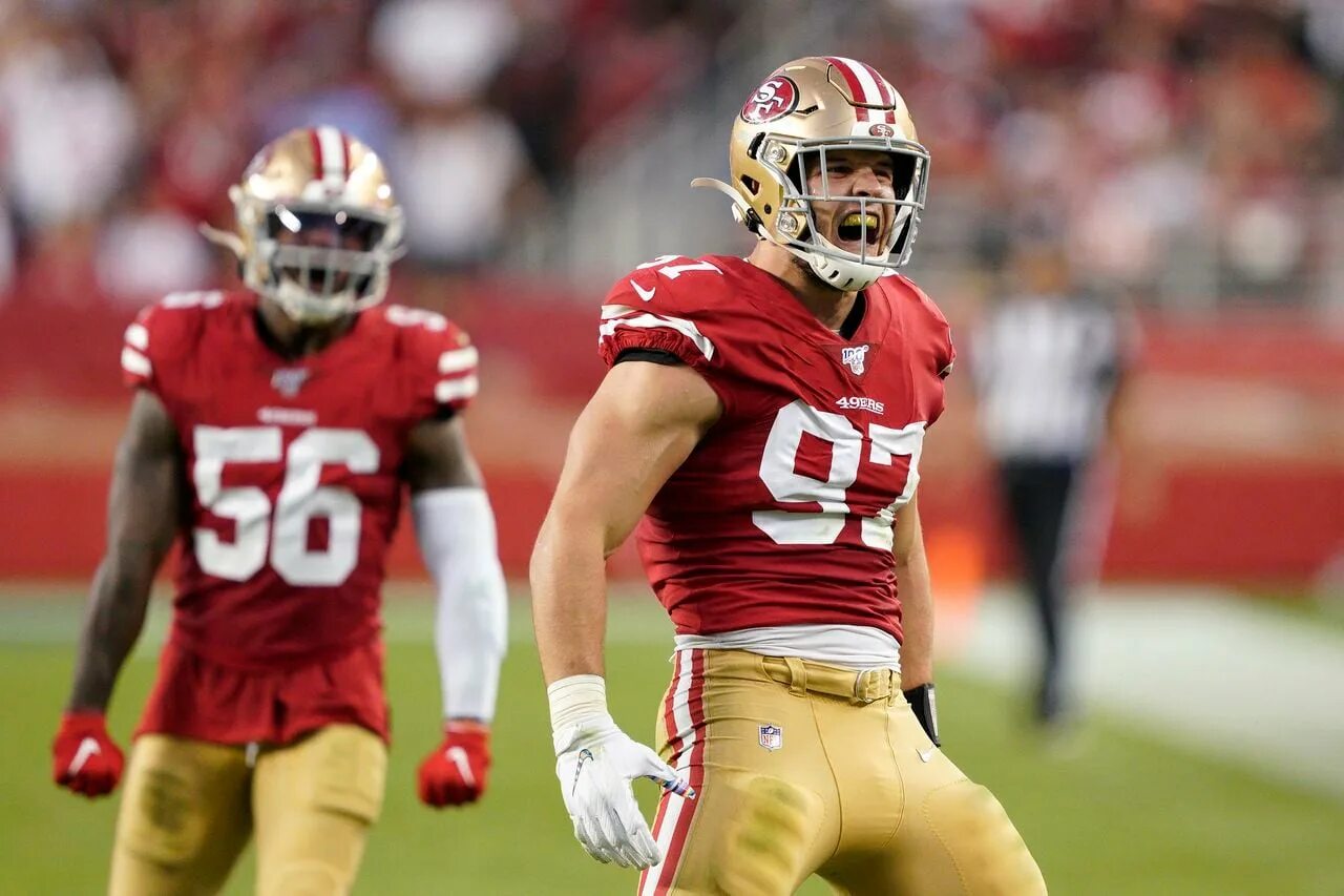 Nick sunday. Nick bosa NFL. San Francisco 49ers. Nick Palliser. Фото с матчей NFL defensive end.