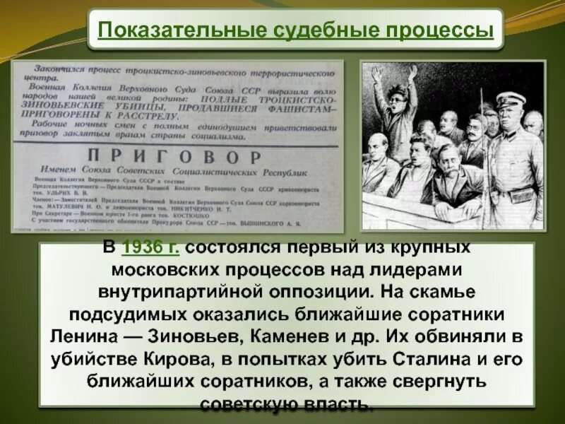 Борьба с объединенным троцкистско зиновьевским блоком. Первый Московский процесс 1936. Процесс троцкистско-Зиновьевского центра. Процесс над Зиновьевым и Каменевым. Московские процессы 30 годов.