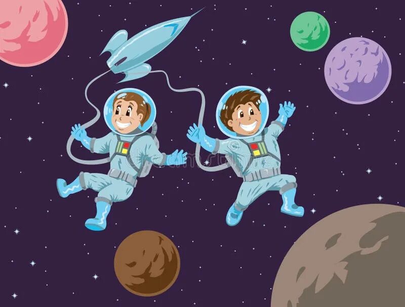 Зарядка полетели в космос. Космонавт для детей. Мальчик и девочка в космосе. Космонавт в космосе иллюстрация. Детям о космосе и космонавтах.