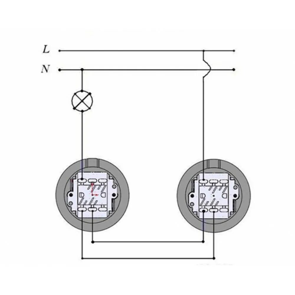 Соединение двух выключателей. Переключатель проходной одноклавишный схема подключения. Схема подключения проходных выключателей одноклавишных. Проходной выключатель освещения схема подключения. Схема монтажа освещения с проходными выключателями.