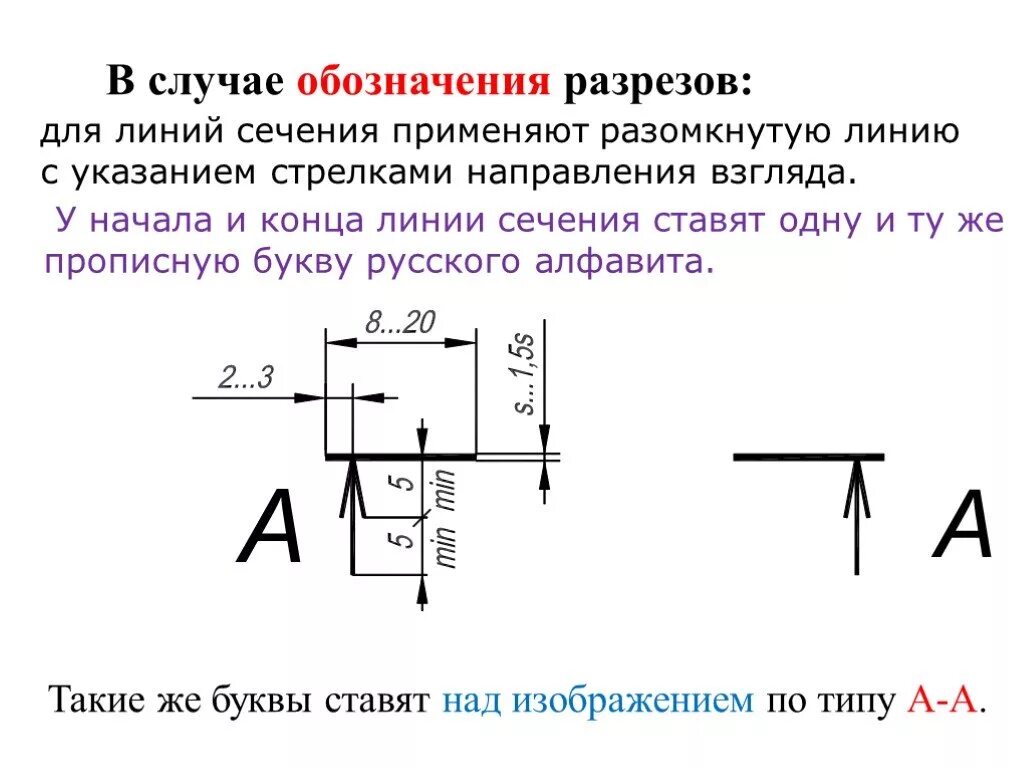 Разрезы на чертеже ГОСТ. Обозначение разреза в черчении. Обозначение сечения на чертеже. Обозначение разреза на чертеже. Обозначение разреза и сечения