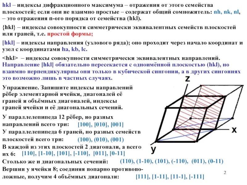 Семейства кристаллографических плоскостей. Кристаллографические индексы направлений. Плоскость HKL. Индексы семейства плоскостей в кристаллографии