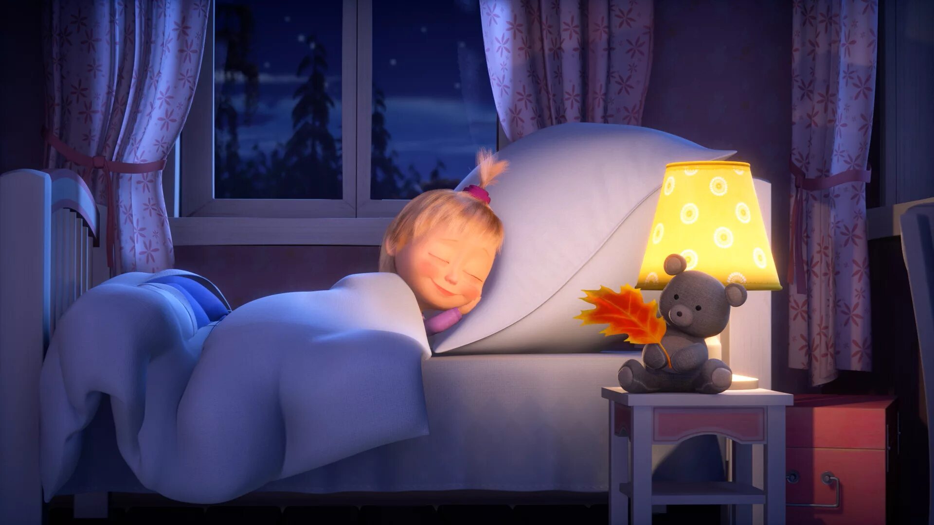 детские сны. спокойночи маша и медведь. сонный персонаж из мультика. забавные рисунки. крепко спать в доме персонажа.