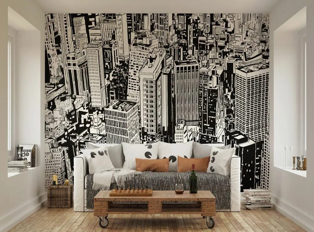 Wholesale Black&white New York city building wall mural for hall living room TV 