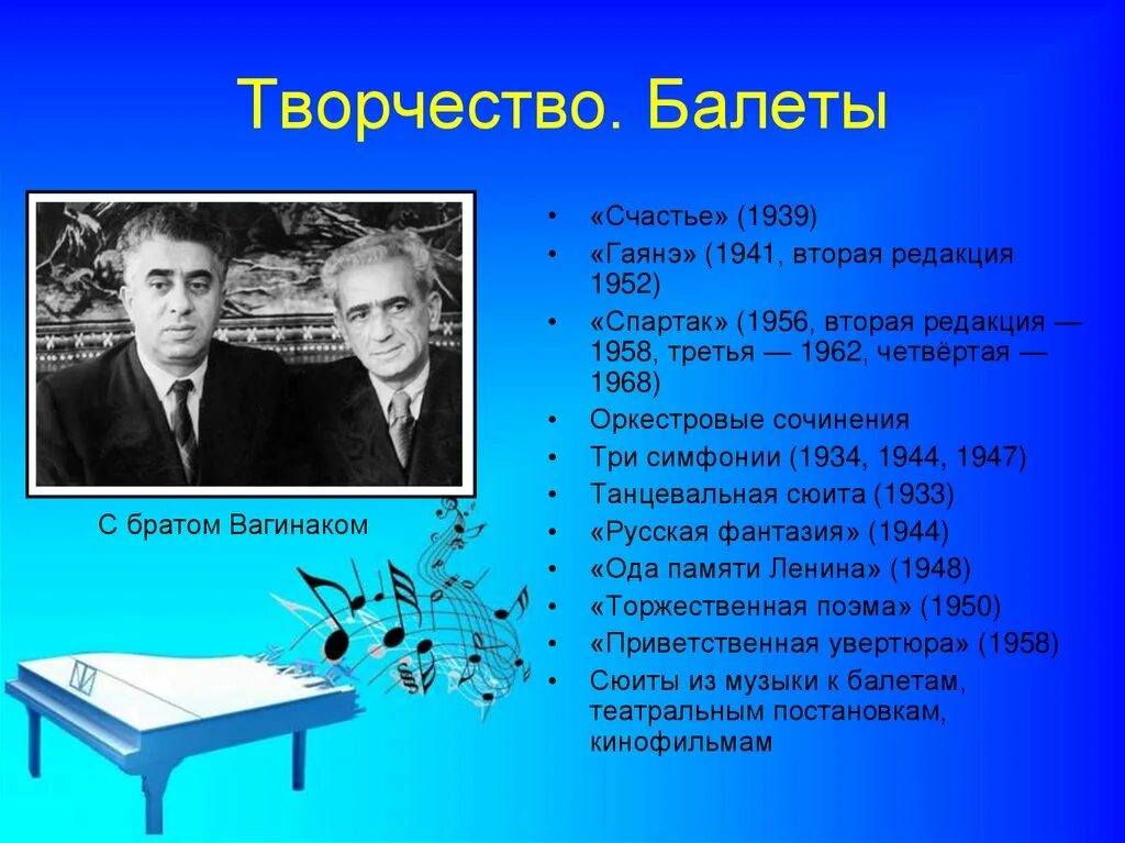 Какие произведения хачатуряна. Творчество Арама Хачатуряна. Произведения Хачатуряна самые известные. Хачатурян презентация. Творческая биография Хачатуряна.