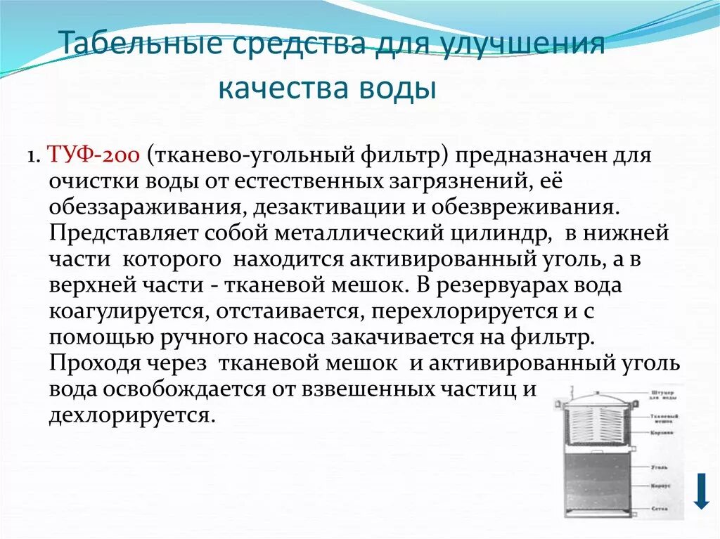 Тканево угольный фильтр туф 200. Табельные средства очистки воды в полевых условиях. Табельные средства улучшения качества воды в полевых условиях. Табельные и подручные средства для очистки воды..