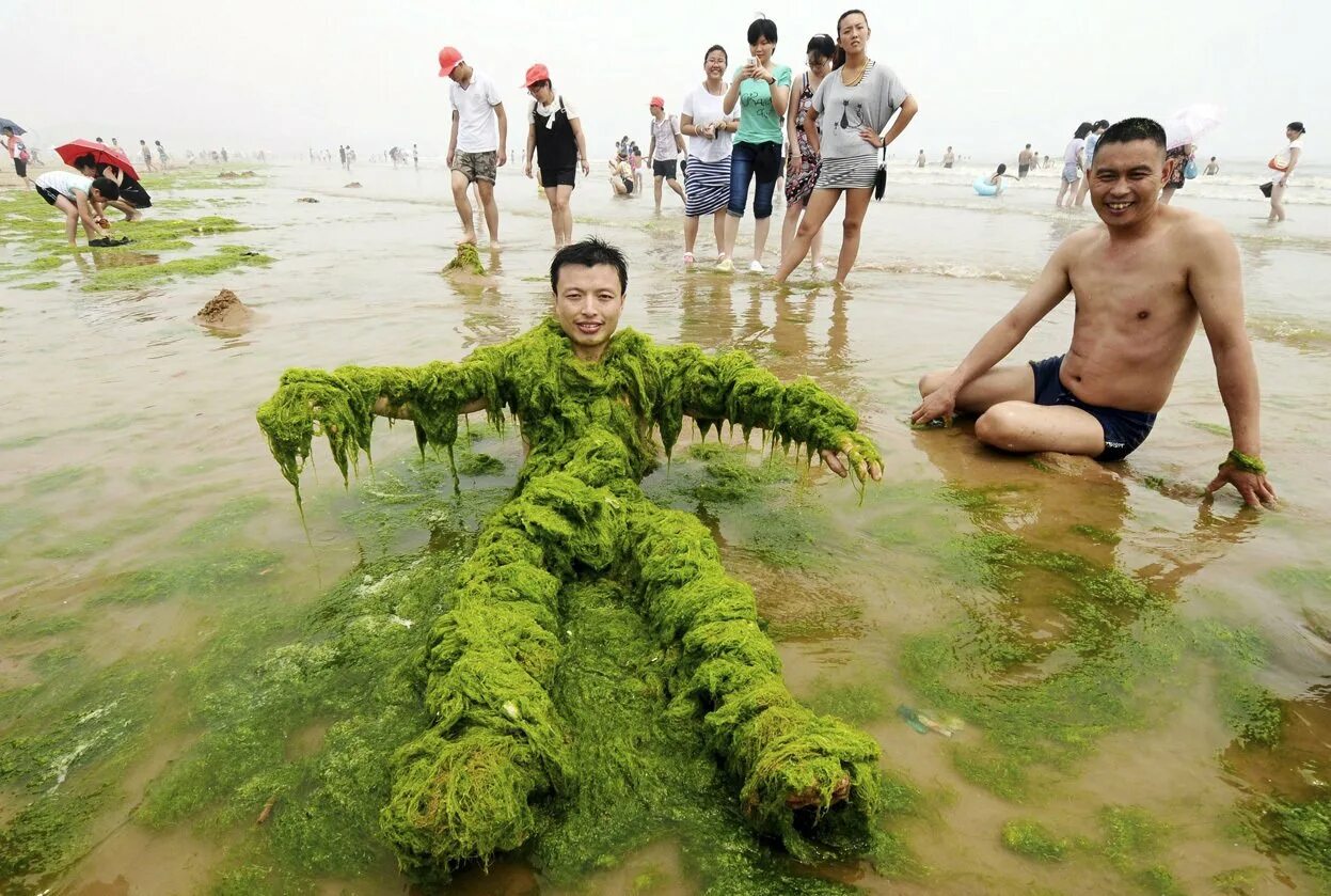Человек в водорослях. Речные водоросли.