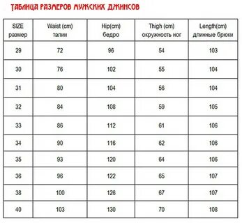 Jeans размерная сетка