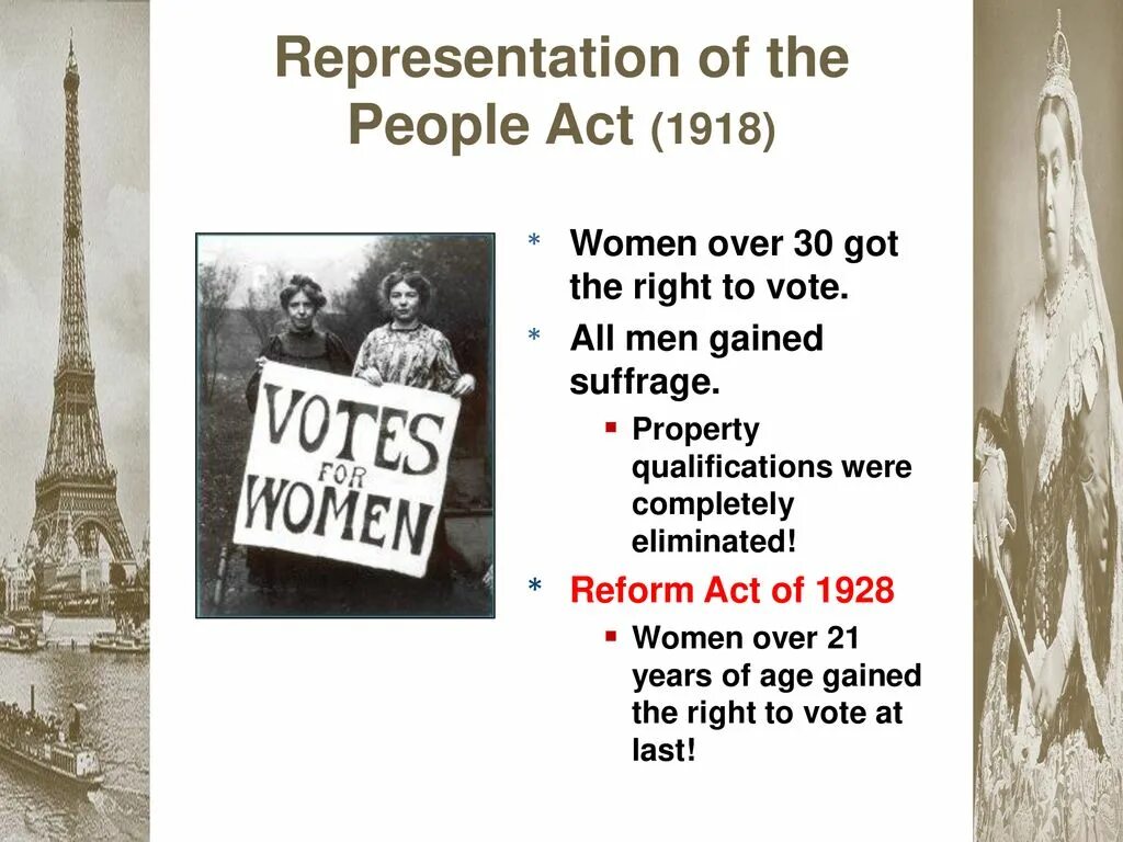 Representation of the people Act 1918. Representation of the people (equal rights) Act 1928. The parliamentary Qualification of women Act 1918. Right to vote