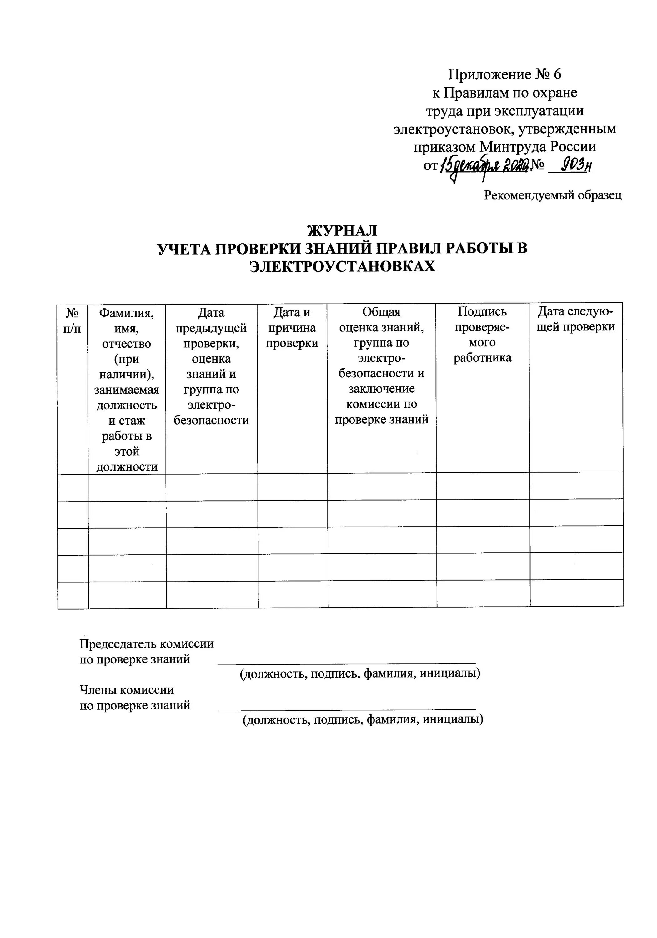 Правила 903н от 15.12 2020г. Журнал учета проверки знаний правил работы в электроустановках. Журнал учета проверки знаний в электроустановках образец заполнения. Учета проверки знаний правил работы в электроустановках. Пример заполнения журнала распоряжений в электроустановках.