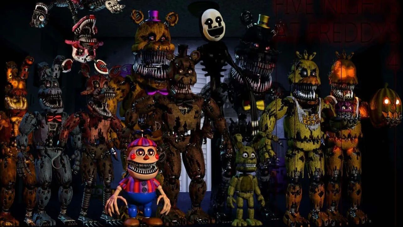 Игру 5 ночей с фредди 4. Герои ФНАФ 4. АНИМАТРОНИКИ ФНАФ 4 Фредди. FNAF 4 герои.