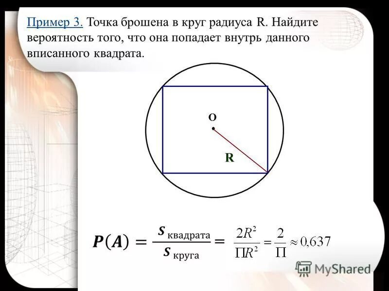 Внутрь круга радиусом r наудачу брошена точка. Вероятность нахождения точки в круге. Круг вписанный в квадрат. Квадрат вписанный в окружность найти вероятность.