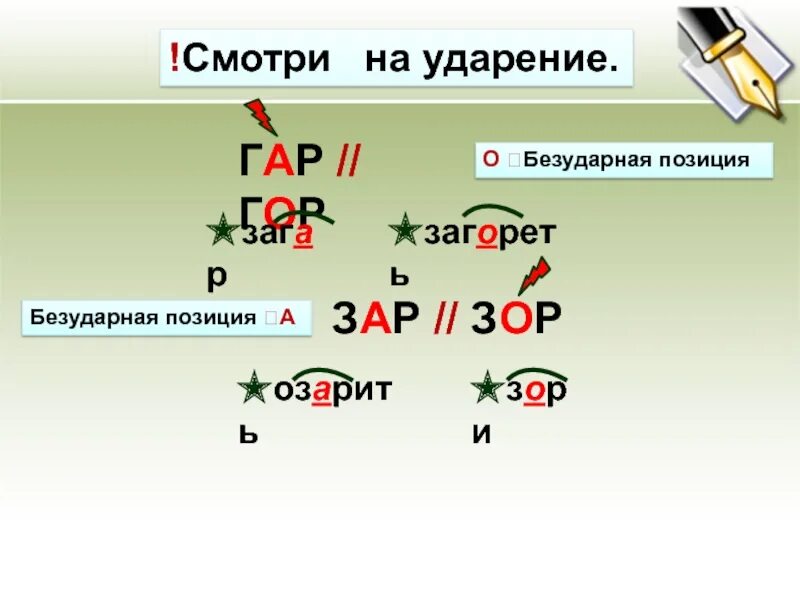 5 слов с корнем зор. Гар гор зар зор. Безударная позиция. Ударной или безударной позиции корня примеры. Словосочетания с корнями зар зор.