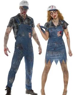 Zombie Hillbilly Costume Mens Ladies Halloween Farmer Fancy Dress Couples N...