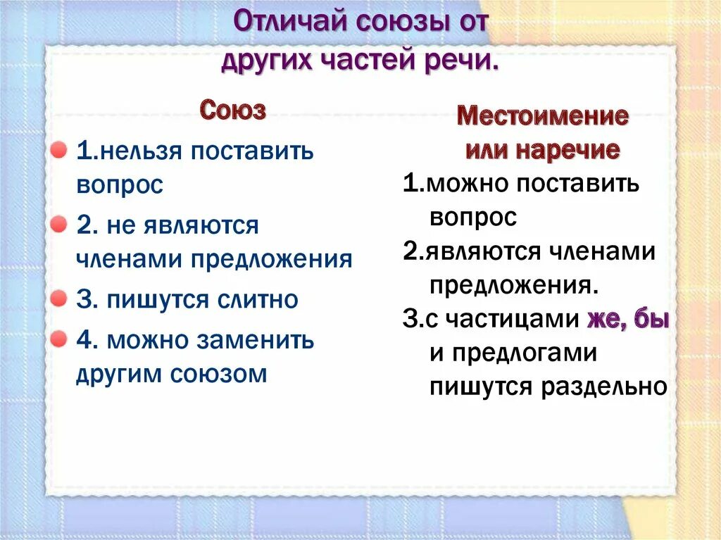 Союзы как отличить от других. Как отличить Союз от самостоятельной части речи. Отличие союзов от омонимичных частей речи. Отличие союзов от других частей речи таблица. Как отличить Союз от других частей.