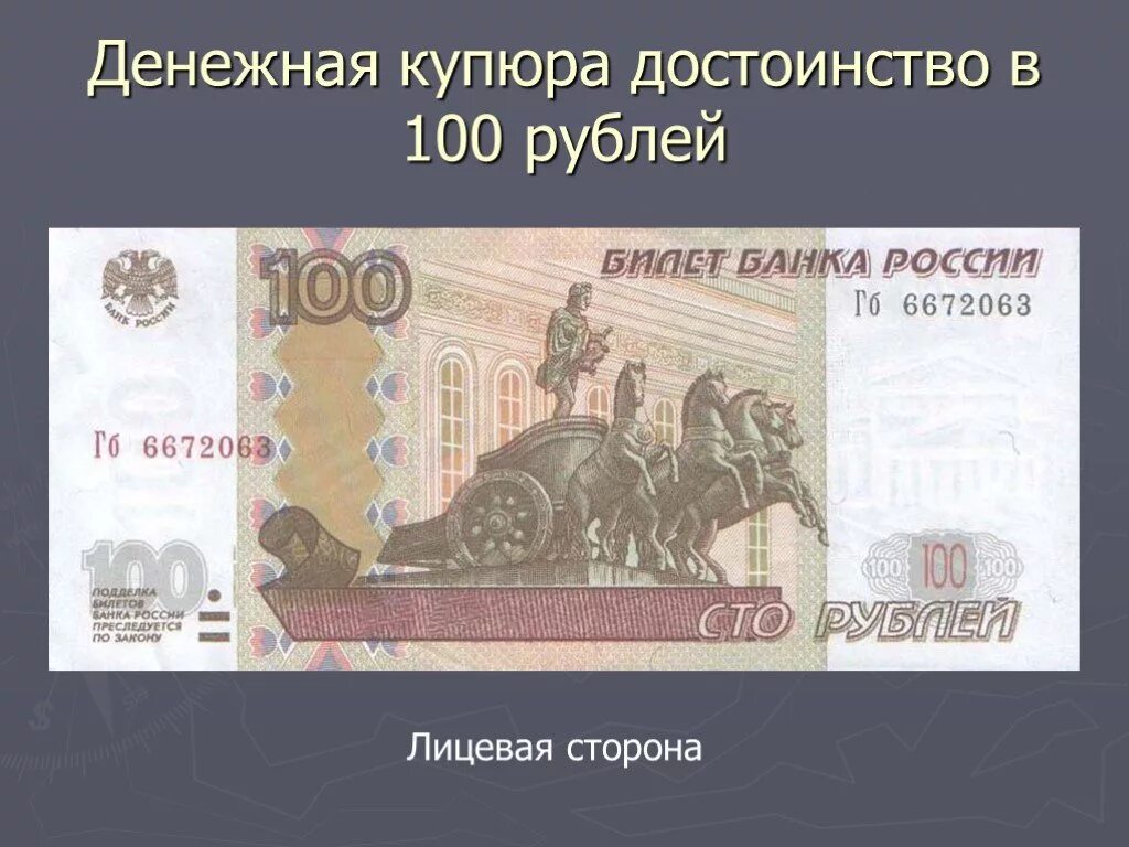 Лицевая сторона бумажных. Лицевая сторона 100 рублей. Лицевая сторона денежной купюры. Лицывая сторанакупюры. Денежная купюра 100 рублей.