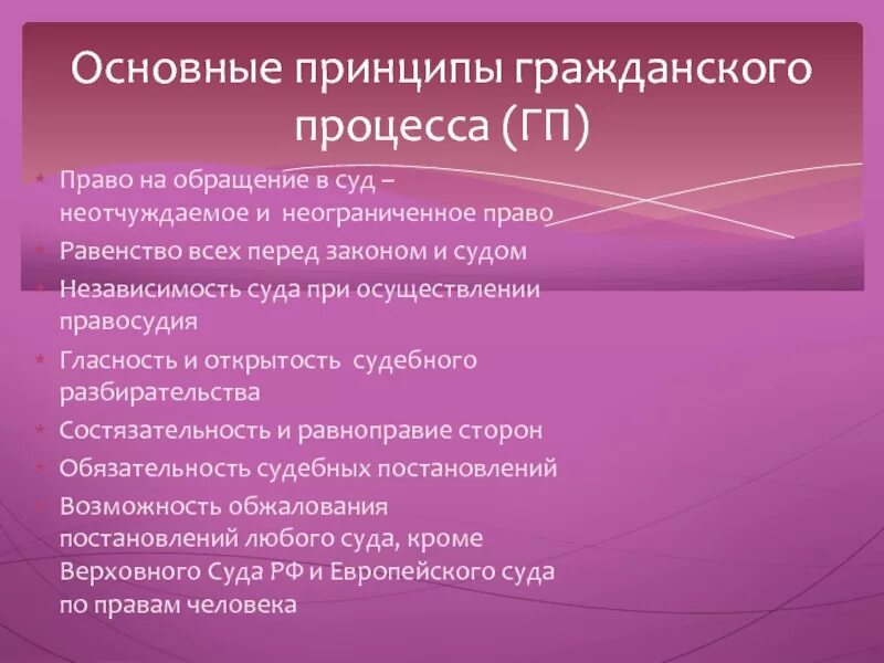 Право на обращение в суд пояснение. Принцип право на обращение в суд пояснение. Основные принципы гражданского процесса. Право на обращение в суд пояснение таблица.