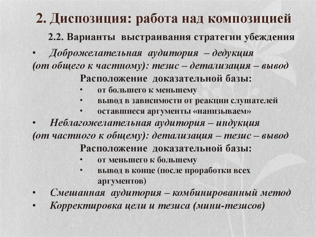 Диспозиция функции. Стратегия убеждения. диспозиция в риторике. систематическая стратегия убеждения. вывод работы над композицией.