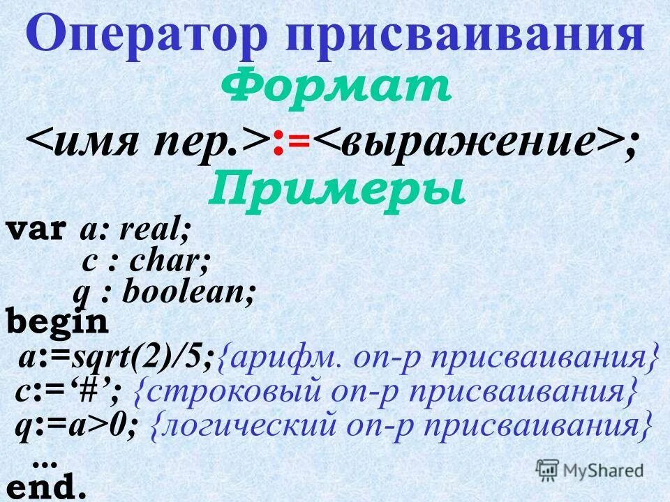 Оператор присваивания в паскале. Оператор присваивания pascal. Знаки операции присваивания паскаль. Смысл любого оператора в любом языке программирования определяет. Как записывается оператор присвоения.