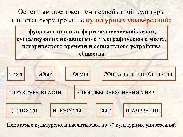 Социальные основы первобытного общества. Основные достижения первобытной культуры. Культурные универсалии первобытности. Становление первобытного общества. Духовная культура первобытного общества.