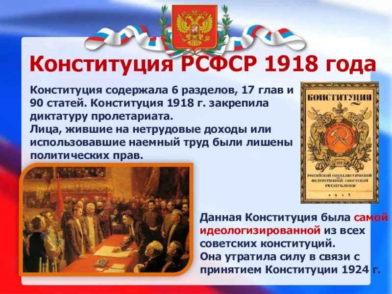 Конституции 1918 1937. Первая Конституция России 1918 г. Конституция РСФСР 1918 года. История Конституции России 1918. Первач конституйия в России.