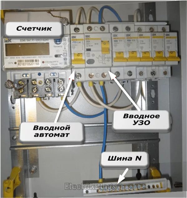 На сколько вводной автомат. Распределительный щит с вводным автоматом на 25 ампер. Щиток квартирный с счетчиком на 50 автоматов. Вводной автомат счетчик УЗО. Как выглядит вводной автомат.