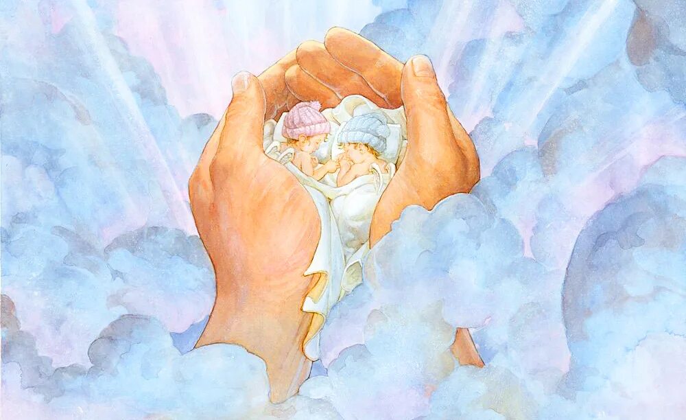 Рука Бога. Младенец в руках Бога. Небесные ангелы. Бог и ангелы. Спасение души в миру