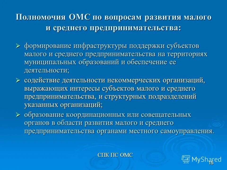 Полномочия малого предпринимательства. Компетенция ОМС. Предпринимательское воспитания. Малые и средние некоммерческие.