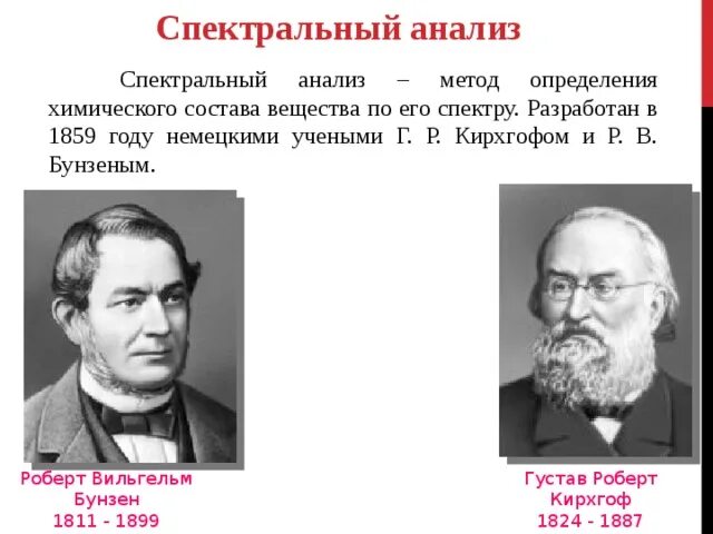 Спектральный метод определения химического состава. Бунзен и Кирхгоф. Кирхгофа спектральный анализ. Г. Р. Кирхгофом и р. в. Бунзеным.. Робертом Бунзеном и Густавом Кирхгофом.