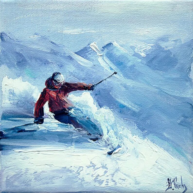 Картина лыжники. Горные лыжи живопись. Лыжник акварель. Картина лыжи. Живопись горнолыжный спорт.