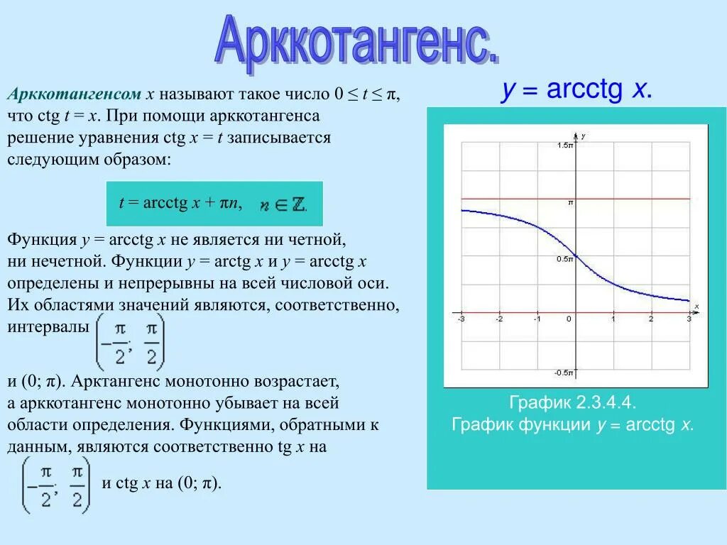 Сформулировать свойства функции. Общий вид функции арккотангенс. График функции арккотангенс. Функция арккотангенс. Область значений функции арккотангенс.