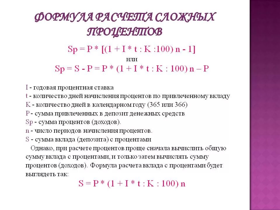 Сложный процент в рублях. Формула сложных процентов. Формула простых и сложных процентов по вкладам. Расчет сложных процентов. Формула начисления сложных процентов.